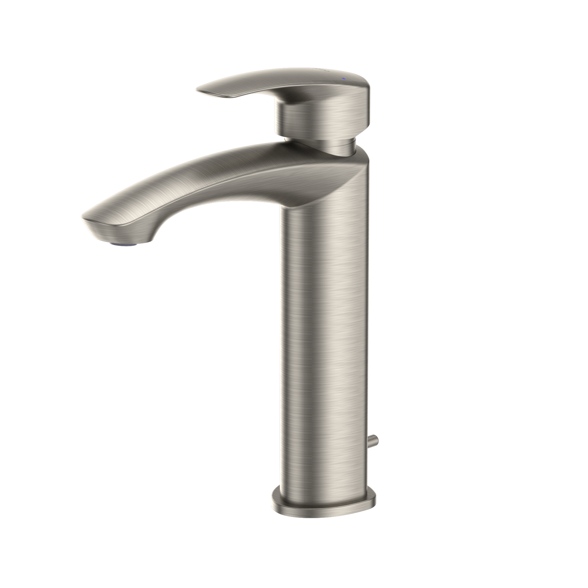 Brushed nickel single-handle bathroom sink faucet with curved spout and tall cylindrical body.