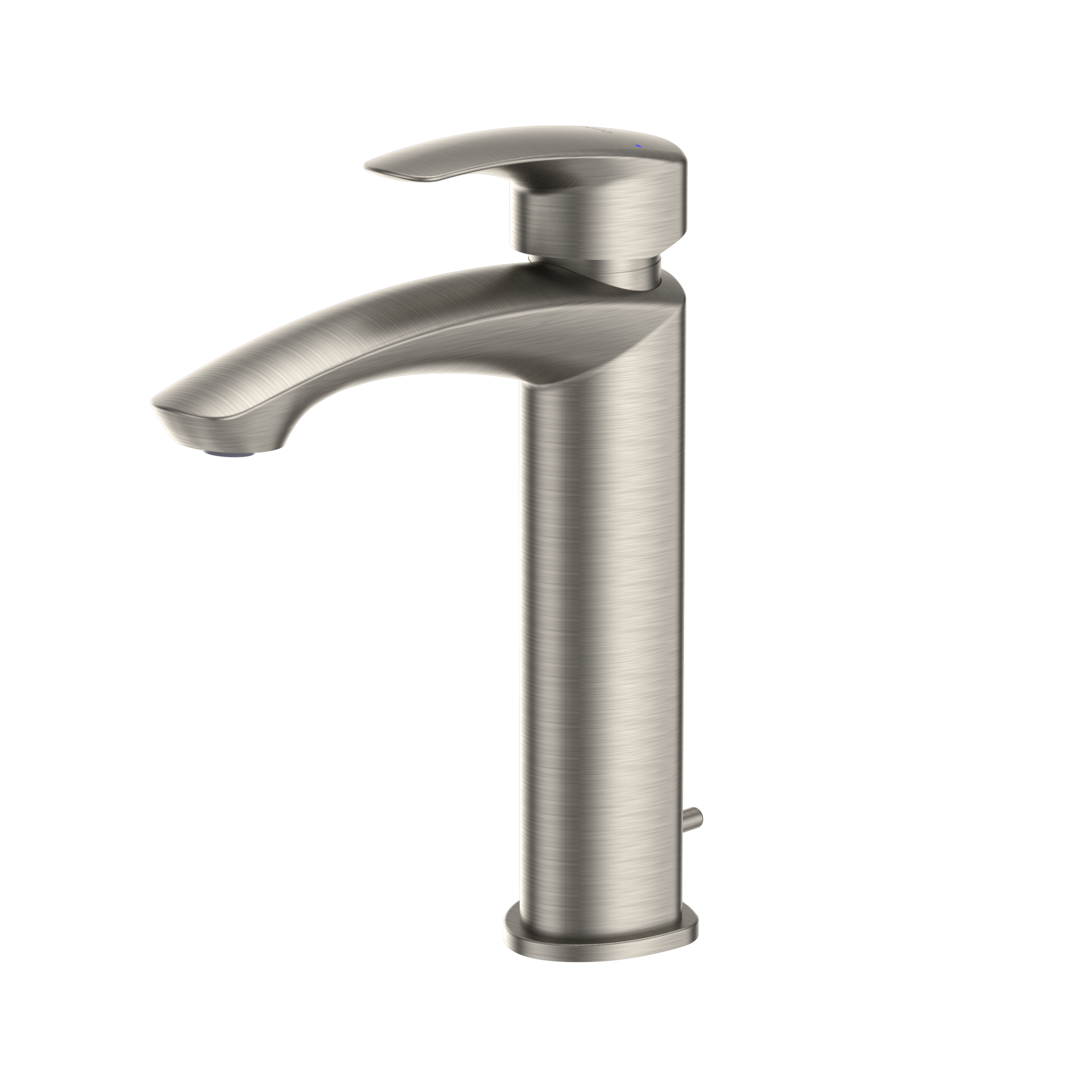 Brushed nickel single-handle bathroom sink faucet with curved spout and tall cylindrical body.
