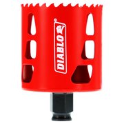 Red Diablo hole saw with serrated cutting edge and black shank, featuring brand logo and ventilation slots.