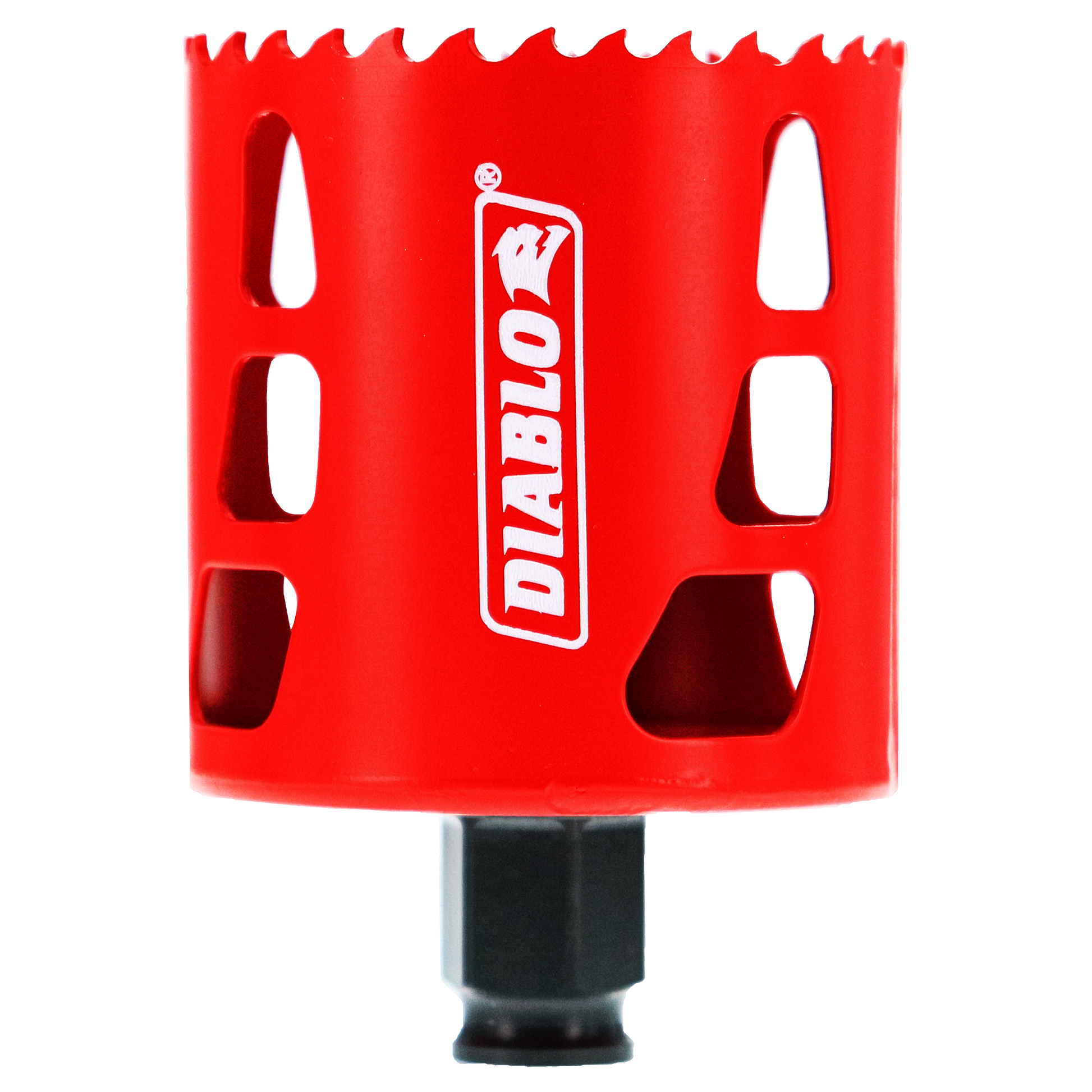Red Diablo hole saw with serrated cutting edge and black shank, featuring brand logo and ventilation slots.