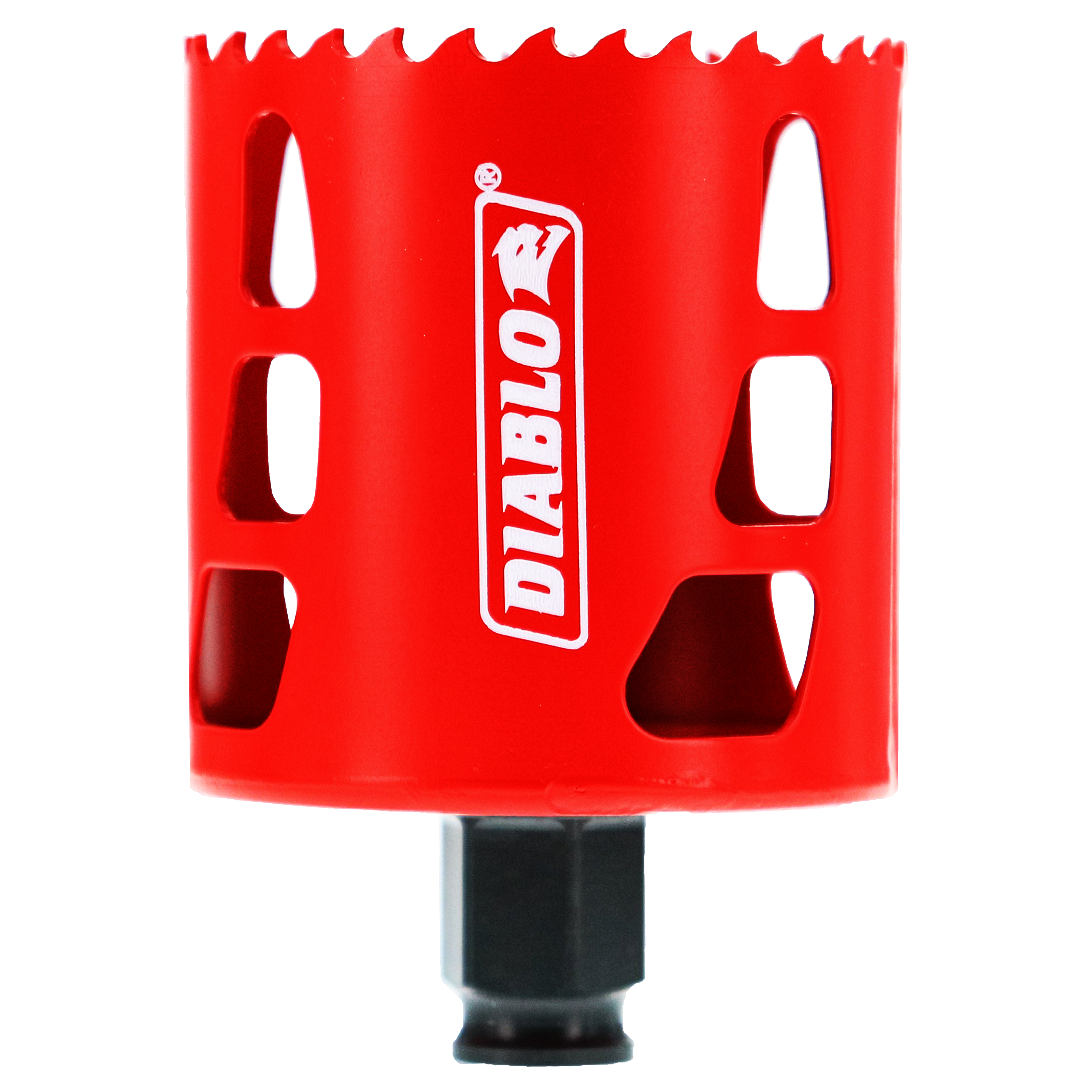 Red Diablo hole saw with serrated cutting edge and black shank, featuring brand logo and ventilation slots.