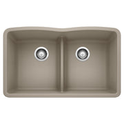 Truffle-colored double basin undermount sink with low divider and dual drain strainers.