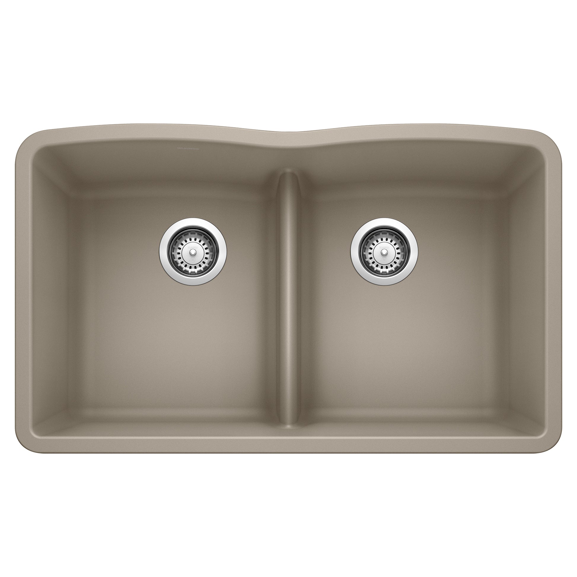 Truffle-colored double basin undermount sink with low divider and dual drain strainers.
