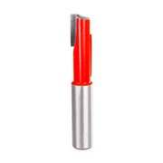 Red and gray stagger bit router tool with 1/2-inch diameter cutting head and metal shank.