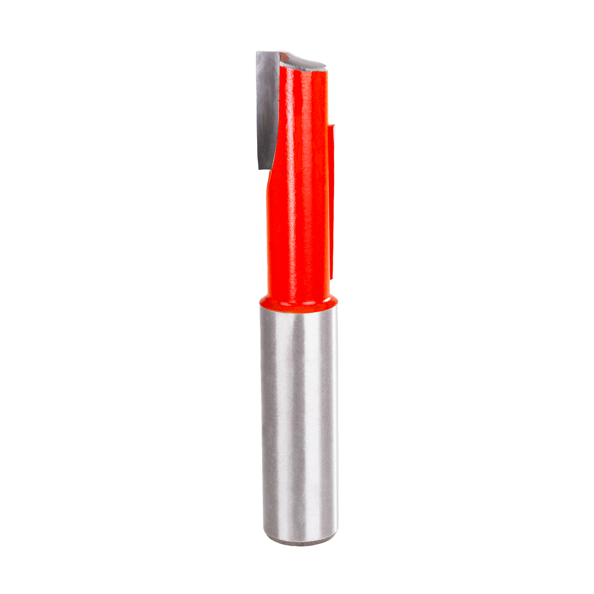 Red and gray stagger bit router tool with 1/2-inch diameter cutting head and metal shank.