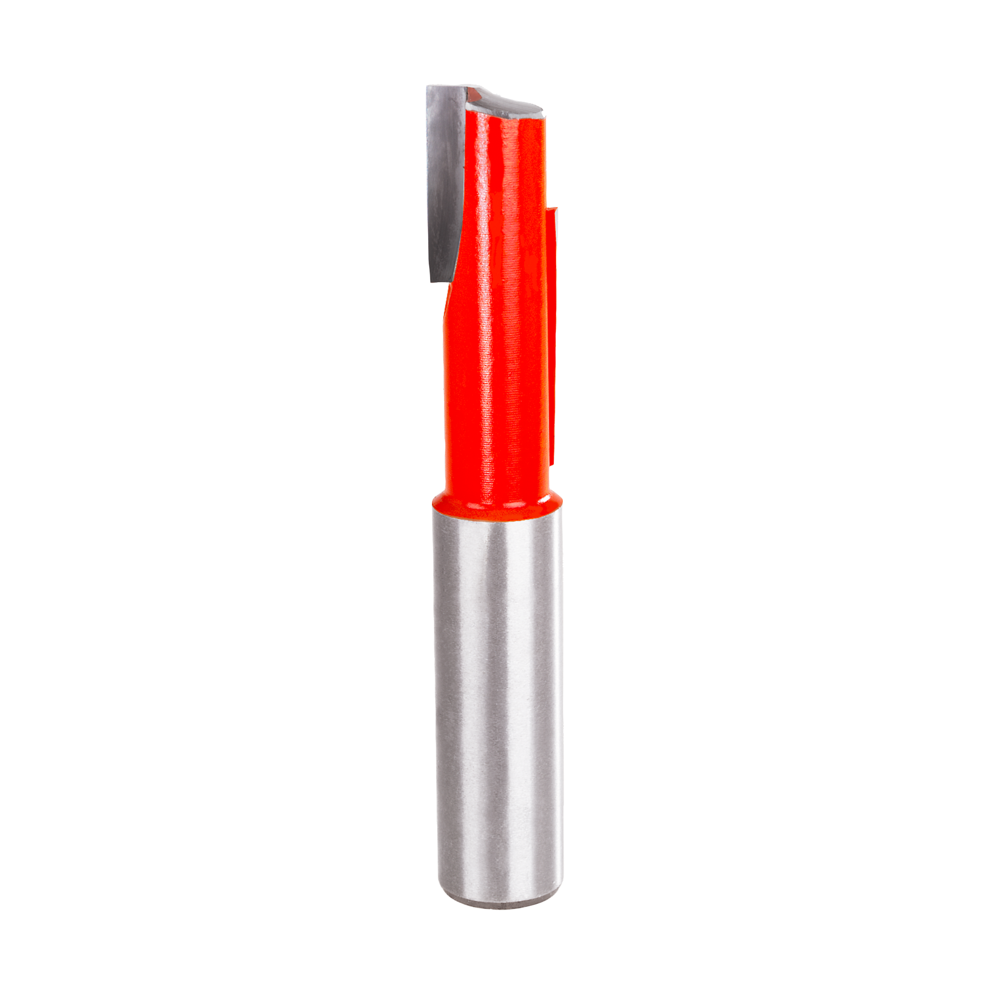 Red and gray stagger bit router tool with 1/2-inch diameter cutting head and metal shank.