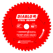 Red circular saw blade with 46 white teeth, white center arbor hole, and Diablo Steel Demon branding.
