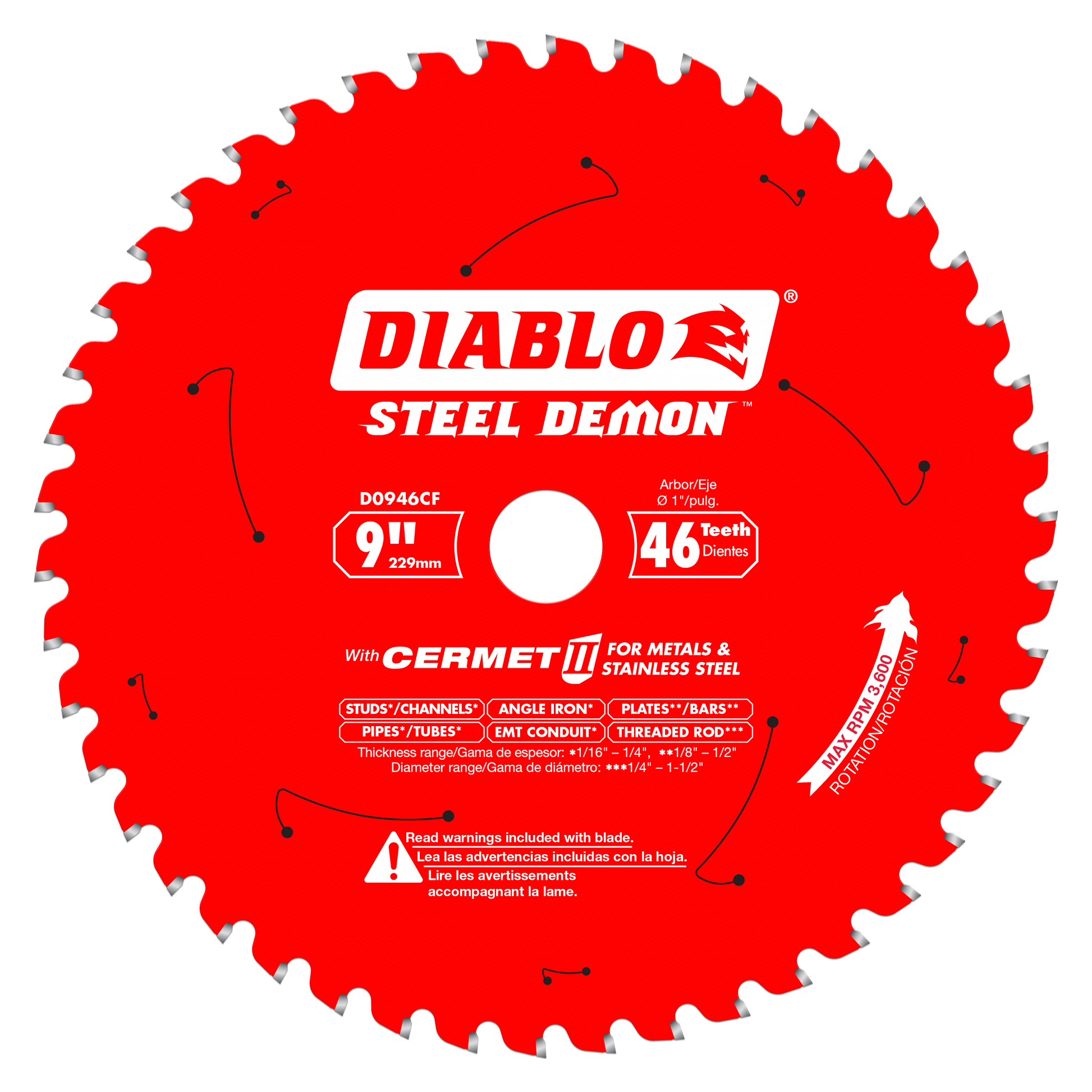 Red circular saw blade with 46 white teeth, white center arbor hole, and Diablo Steel Demon branding.