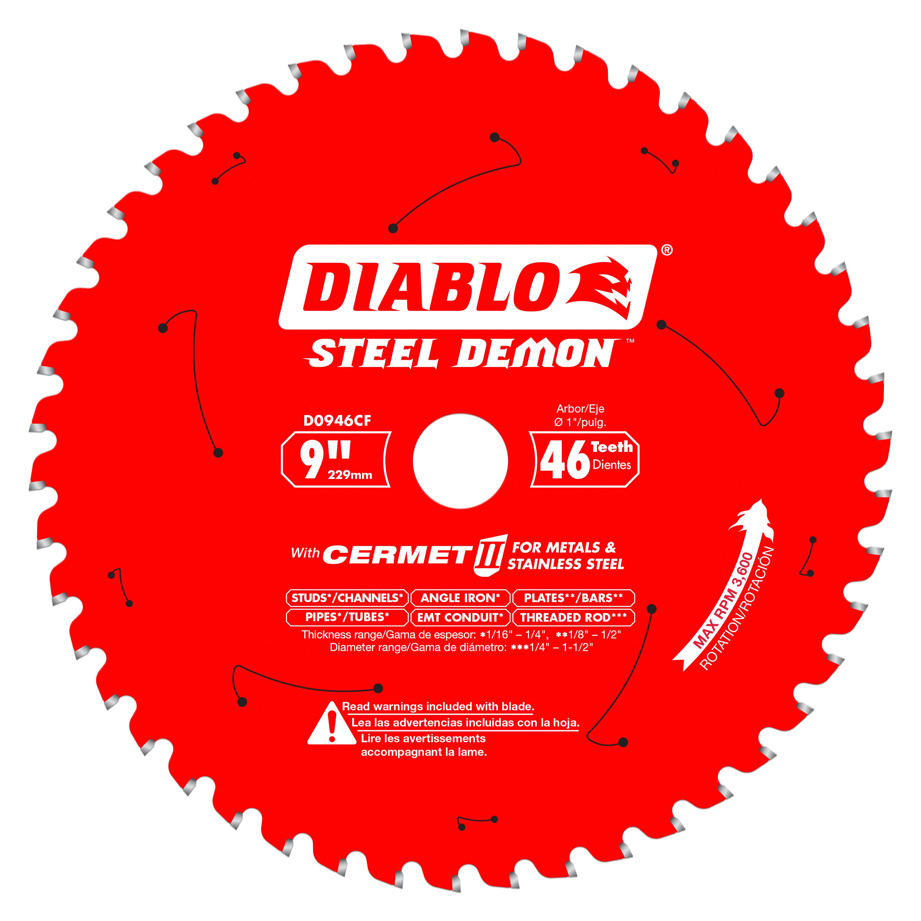 Red circular saw blade with 46 white teeth, white center arbor hole, and Diablo Steel Demon branding.