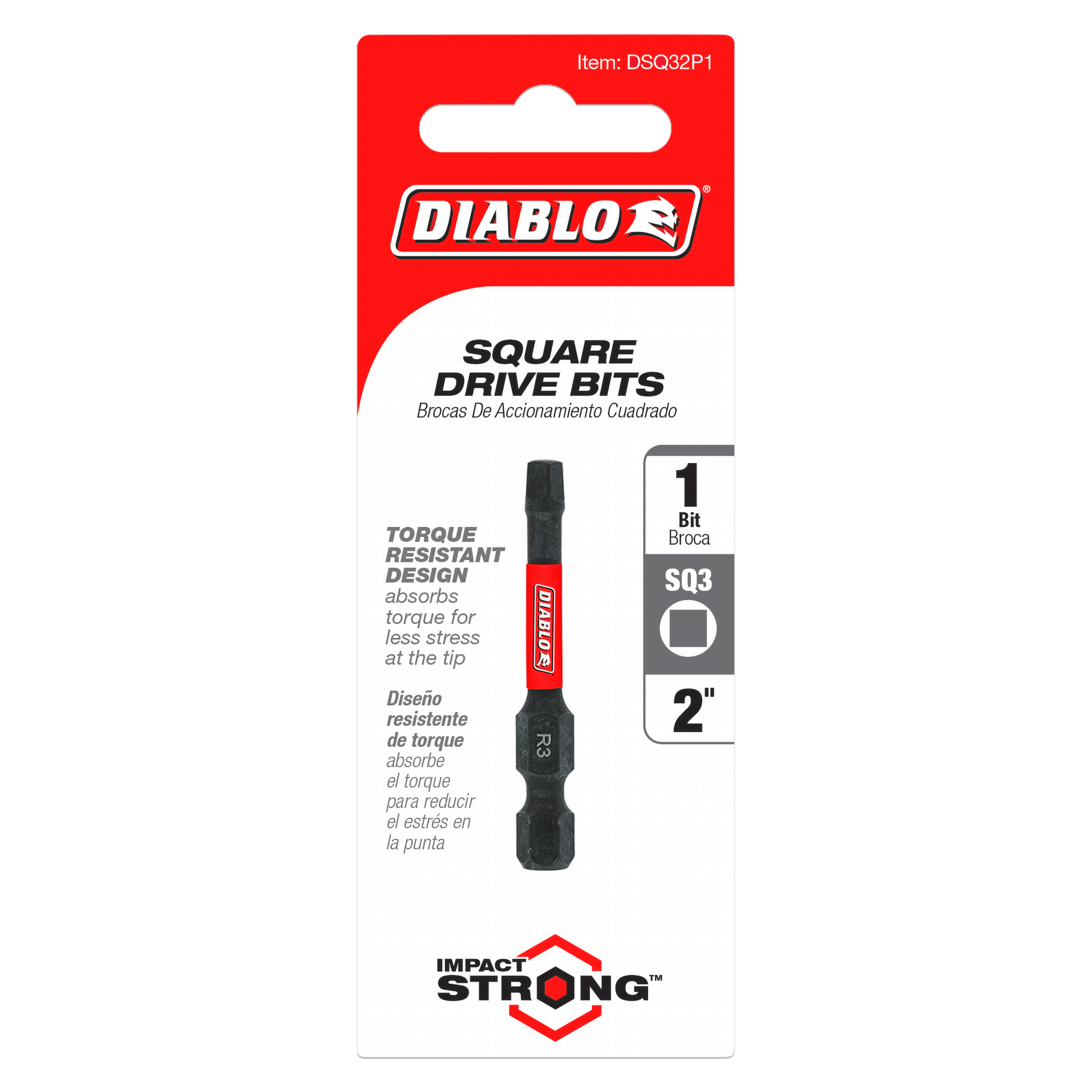 Diablo #3 square drive bit, 2 inches long, with red and black finish on packaging card.