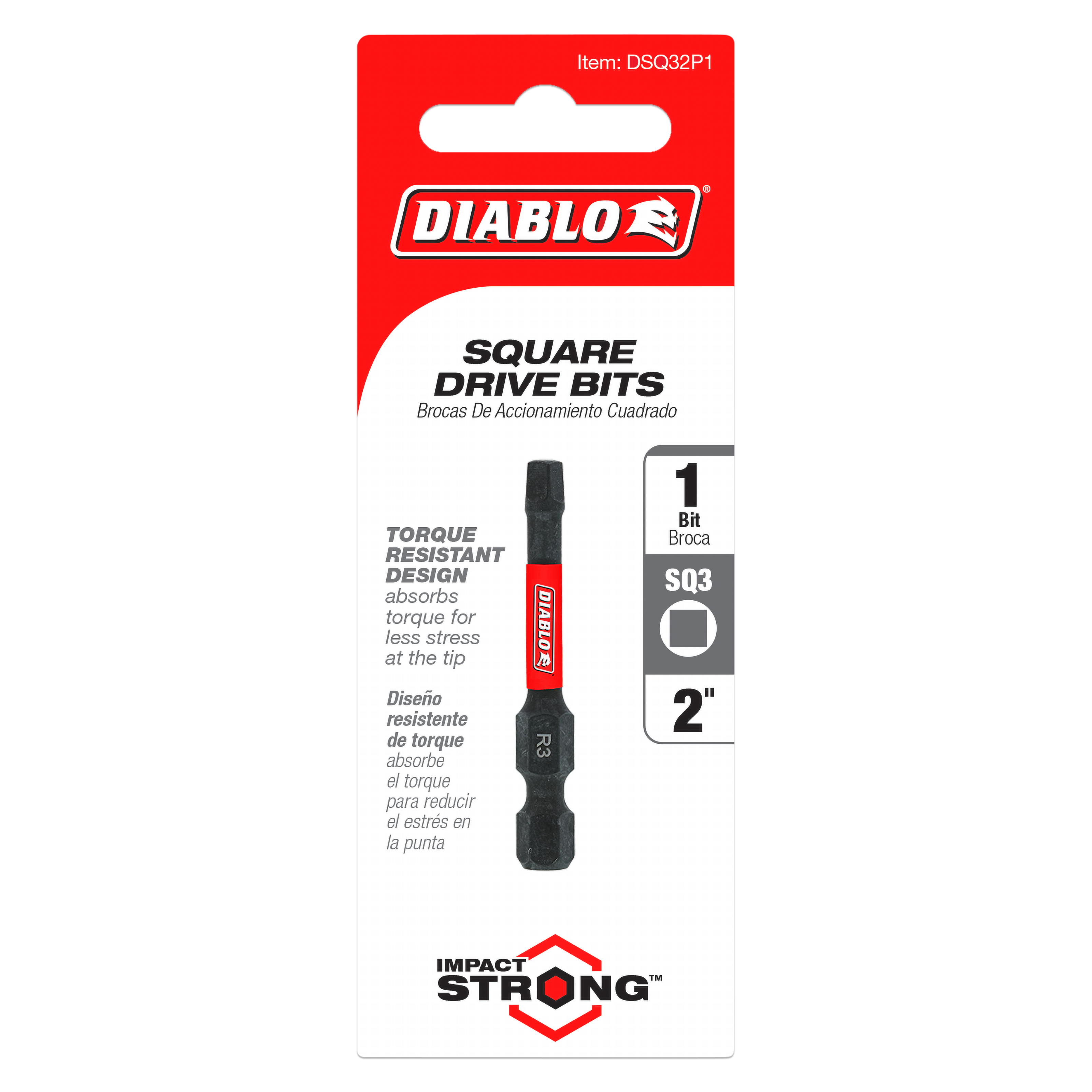 Diablo #3 square drive bit, 2 inches long, with red and black finish on packaging card.