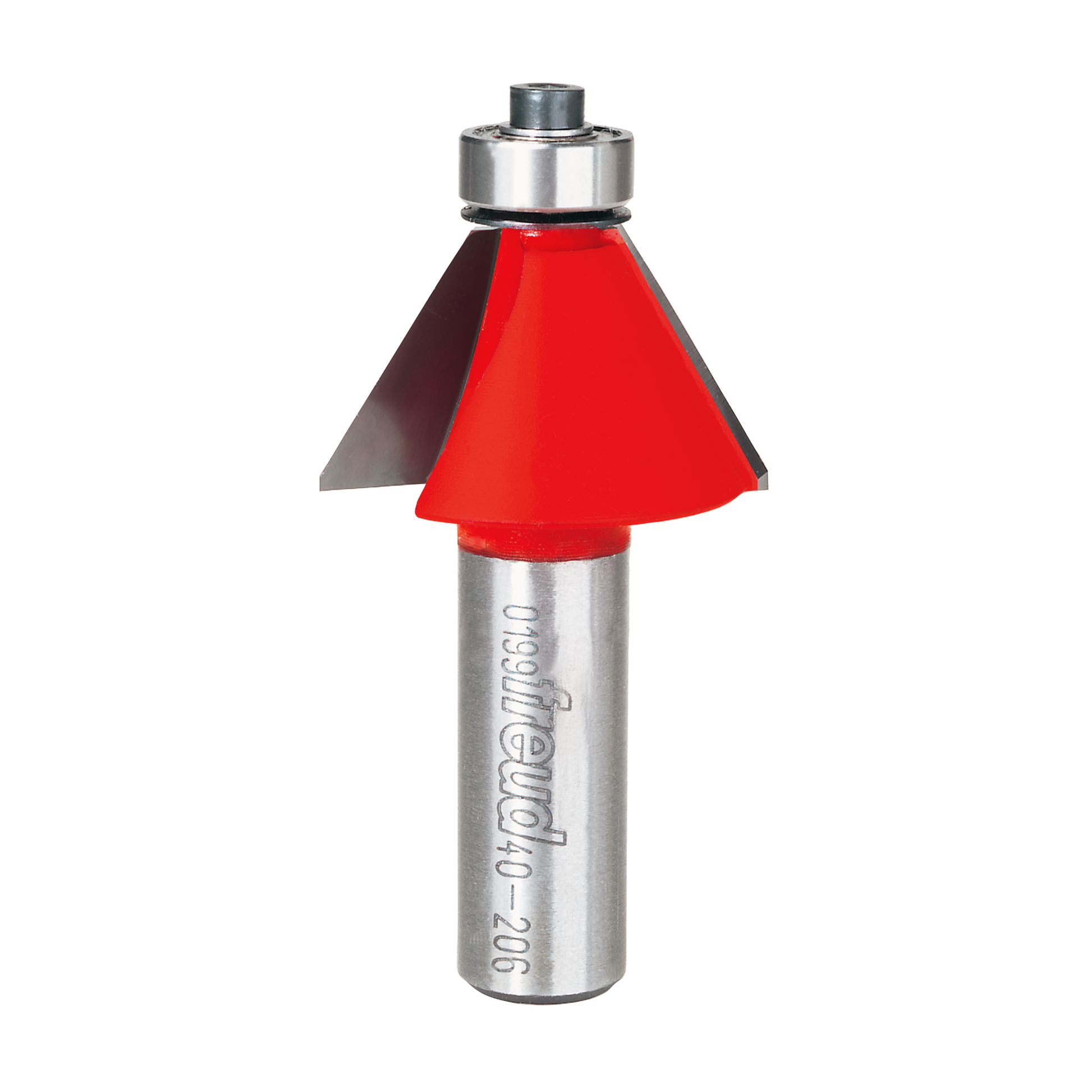 Freud chamfer bit with red cone-shaped cutting head and gray steel shaft marked "40-206".
