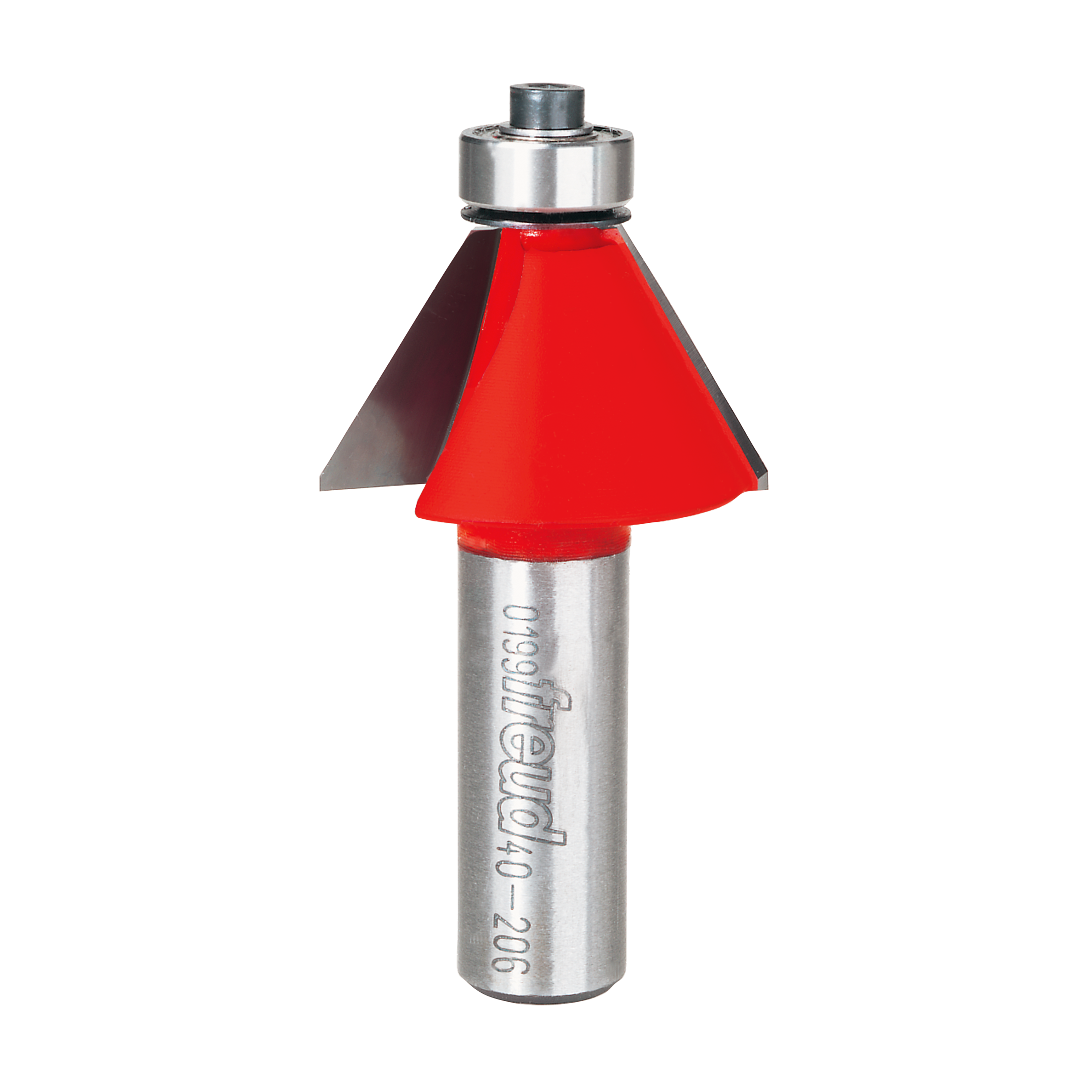Freud chamfer bit with red cone-shaped cutting head and gray steel shaft marked "40-206".