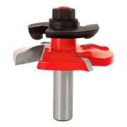 Router bit with red raised panel head, gray steel shaft, black cutter head, and multiple cutting edges for woodworking.