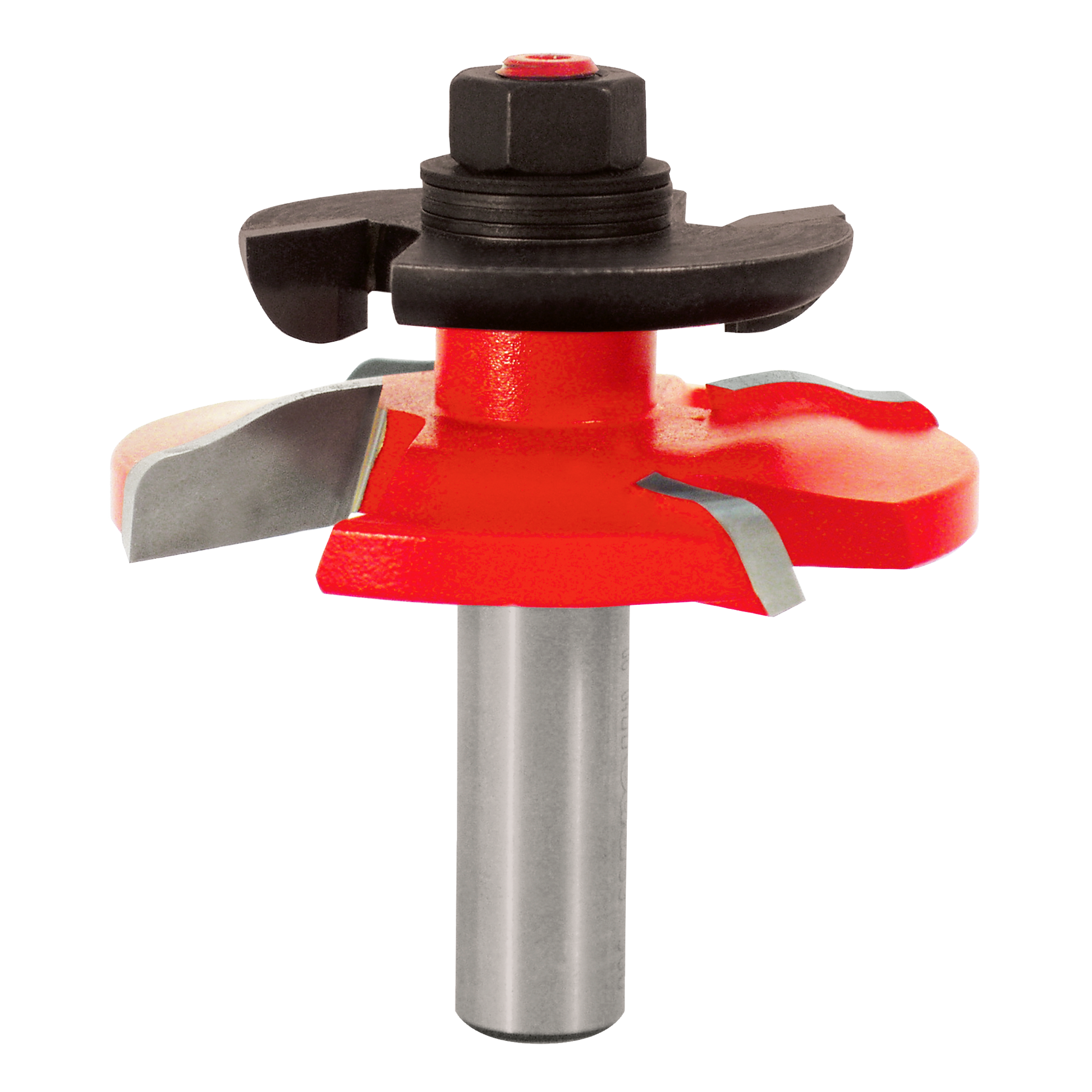 Router bit with red raised panel head, gray steel shaft, black cutter head, and multiple cutting edges for woodworking.