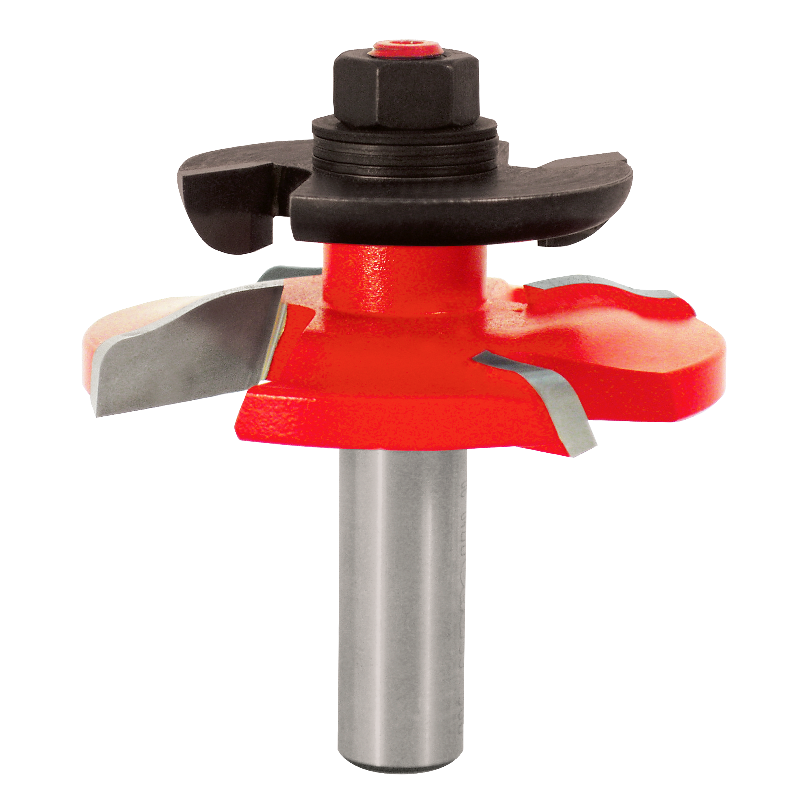 Router bit with red raised panel head, gray steel shaft, black cutter head, and multiple cutting edges for woodworking.
