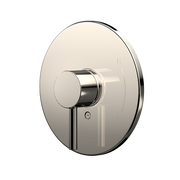 Polished nickel round shower valve trim with single lever handle mounted on circular escutcheon plate.