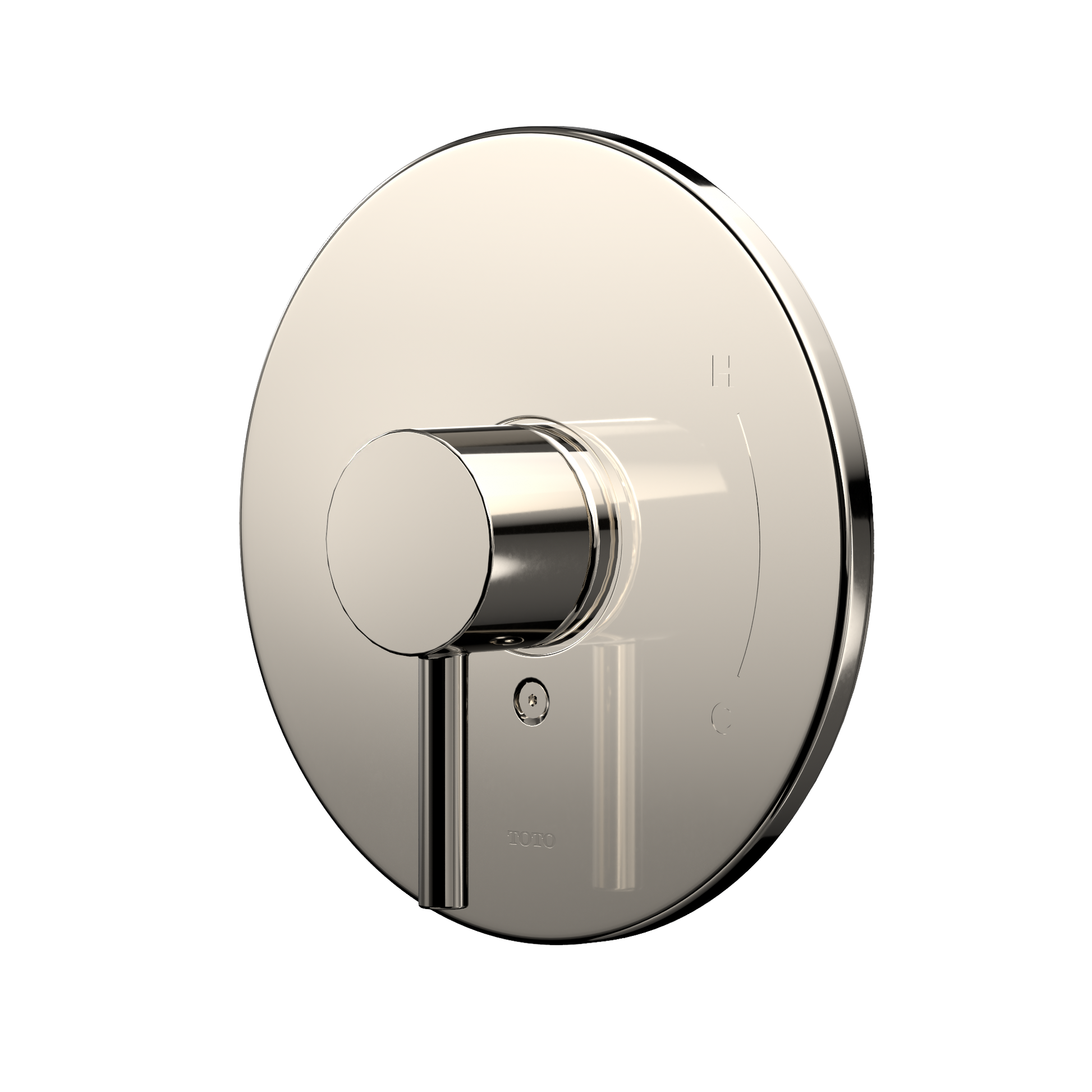 Polished nickel round shower valve trim with single lever handle mounted on circular escutcheon plate.