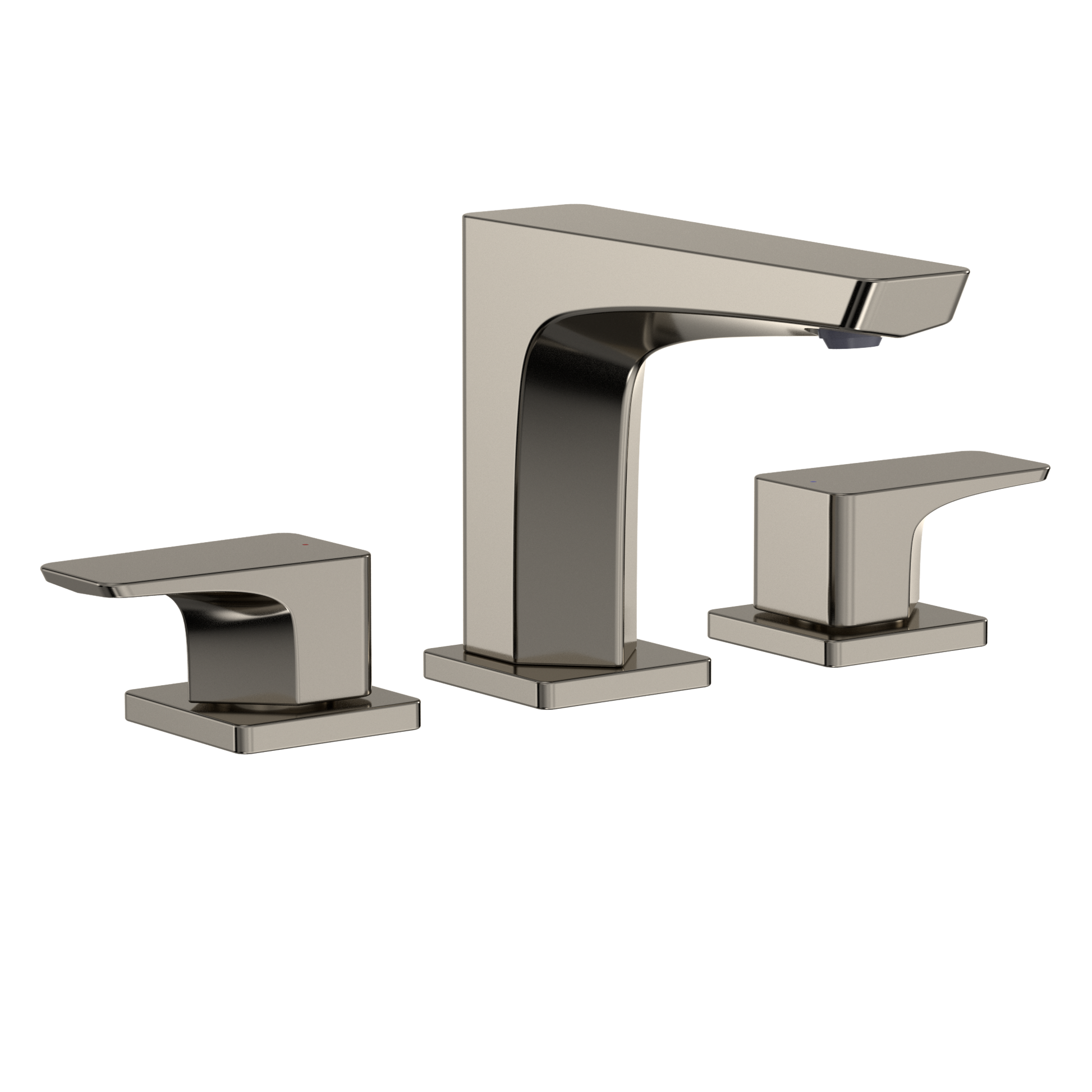 Polished nickel two-handle widespread bathroom sink faucet with curved spout and rectangular handles.