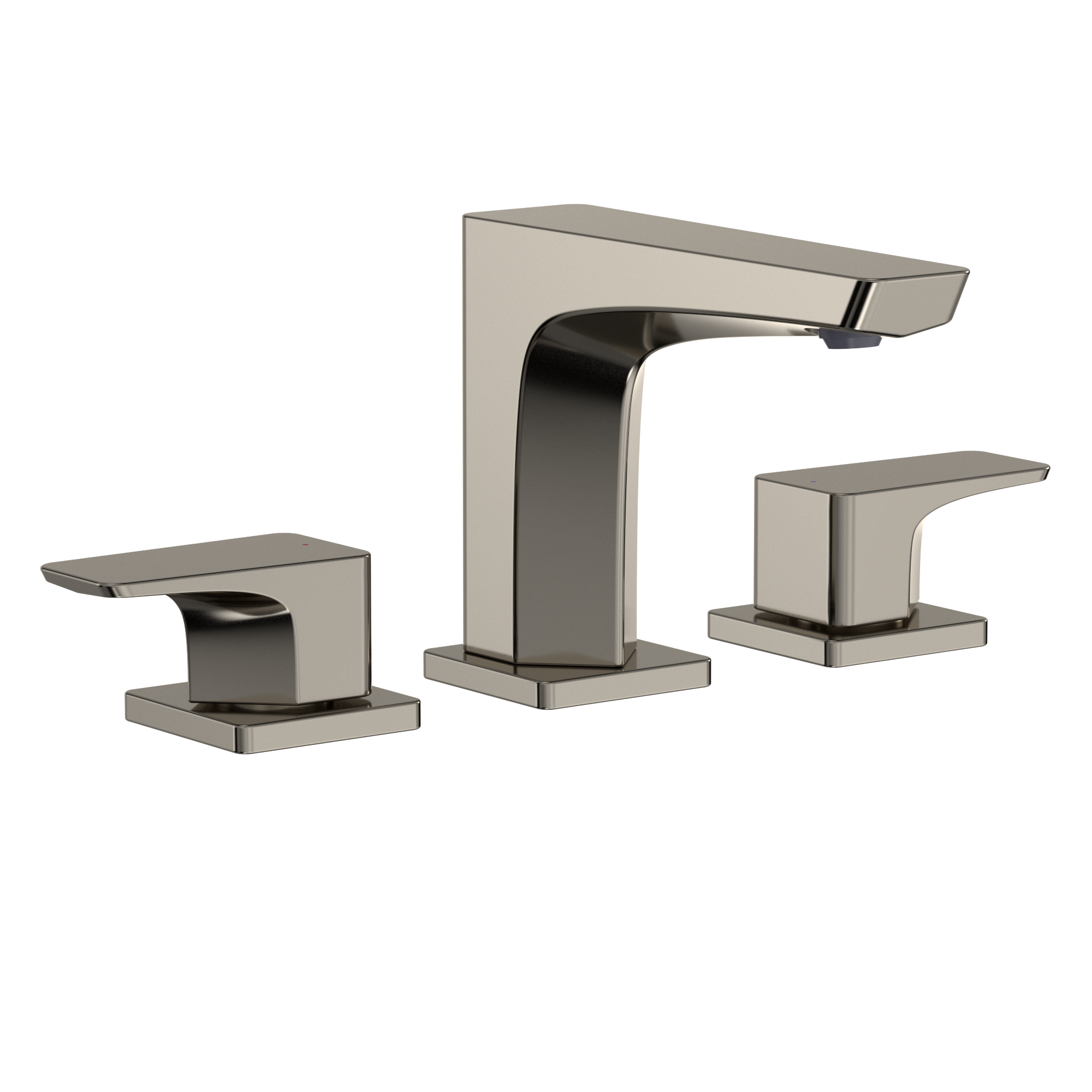 Polished nickel two-handle widespread bathroom sink faucet with curved spout and rectangular handles.