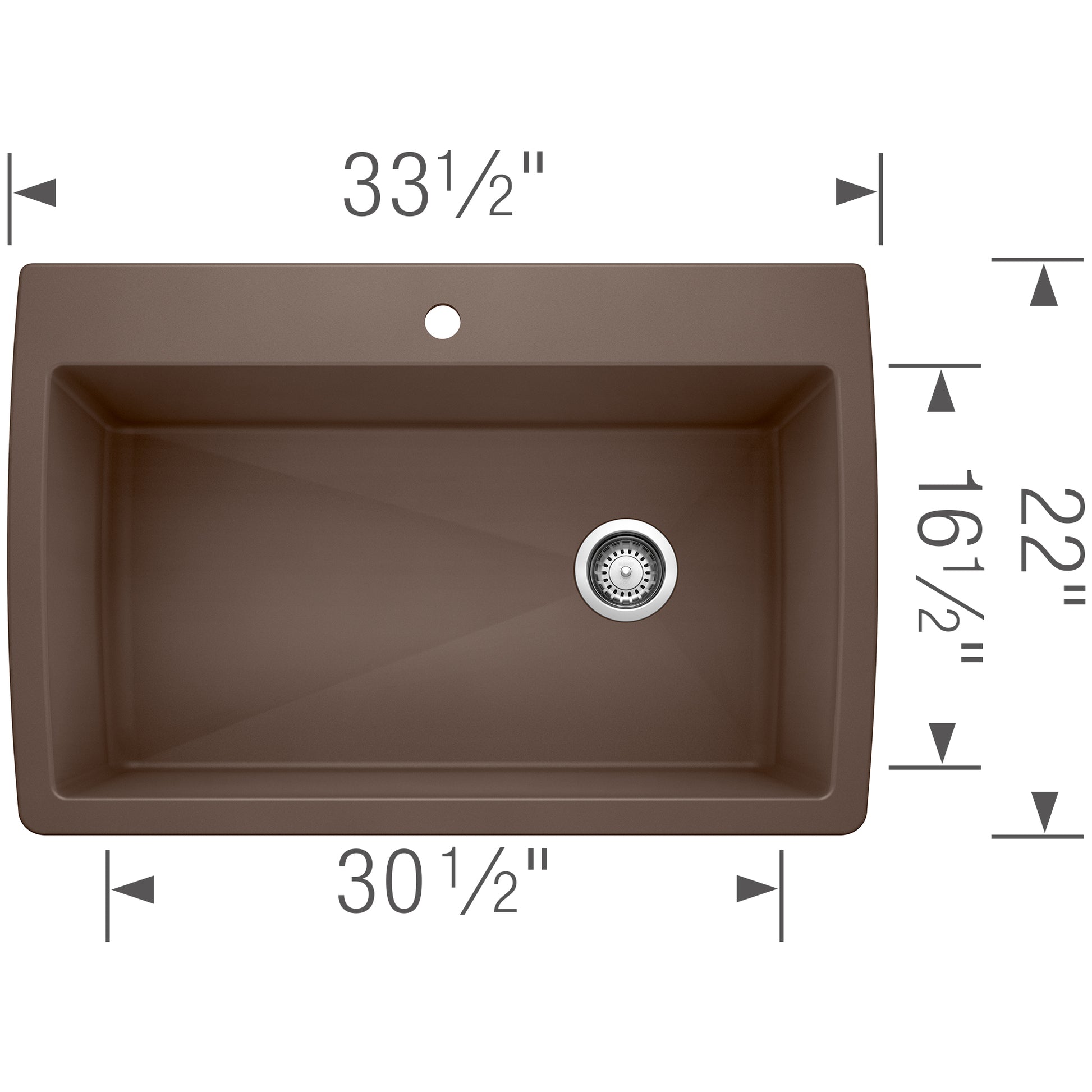 Cafe brown single bowl drop-in kitchen sink with rounded corners, drain, and faucet hole, measuring 33½" wide by 22" deep.