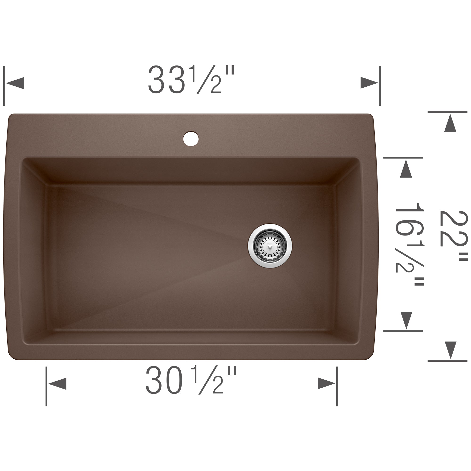 Cafe brown single bowl drop-in kitchen sink with rounded corners, drain, and faucet hole, measuring 33½" wide by 22" deep.
