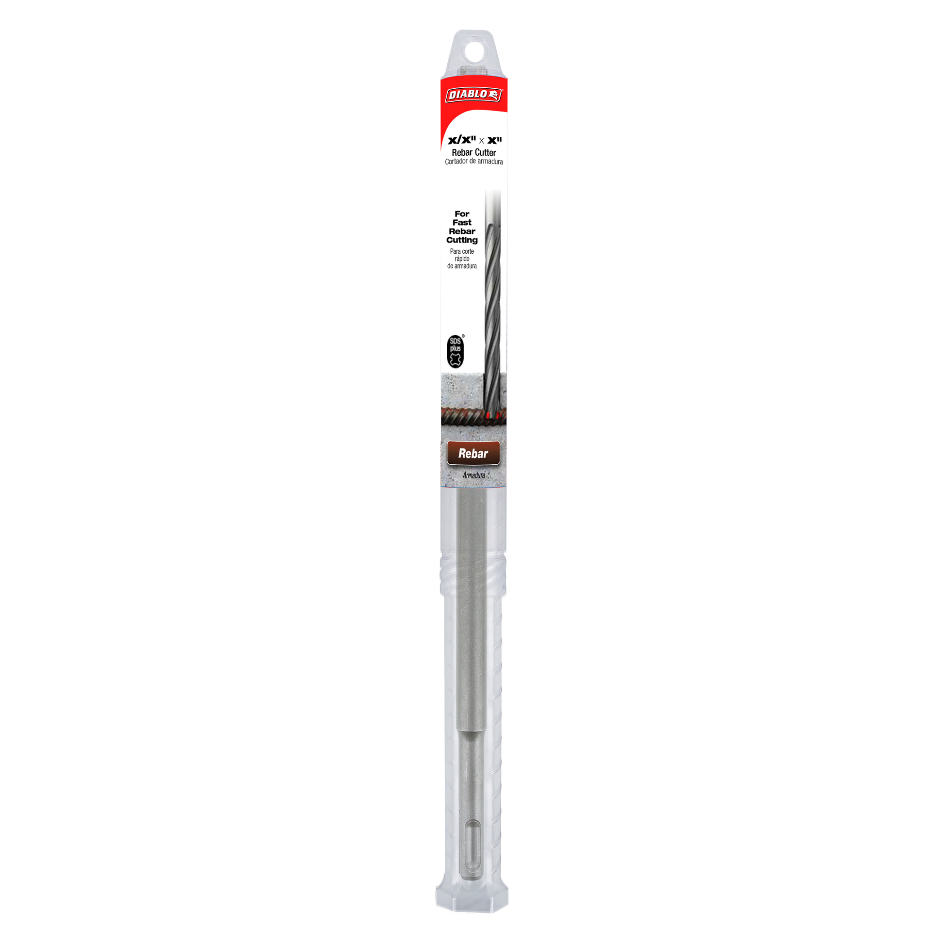 Diablo SDS-Plus rebar cutter bit with 1/2 inch diameter and 12 inch length, featuring cutting head and gray metal shaft.