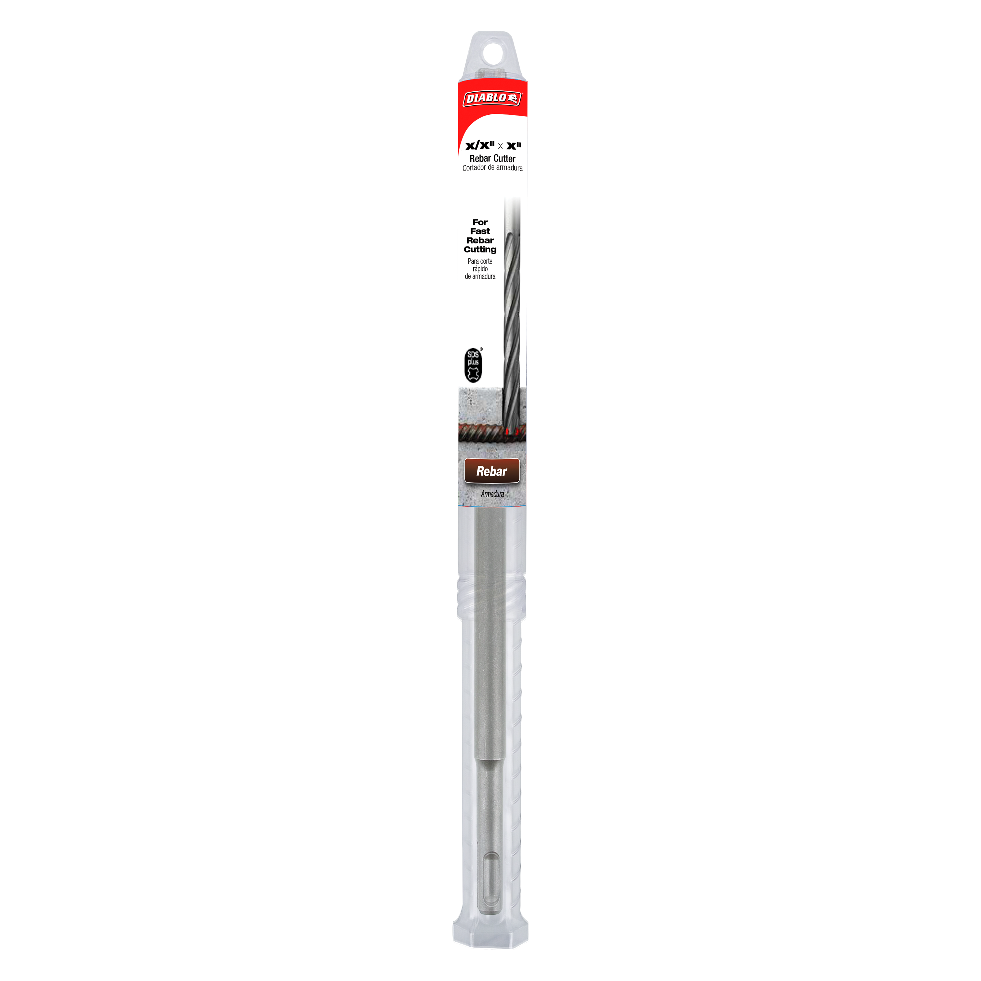 Diablo SDS-Plus rebar cutter bit with 1/2 inch diameter and 12 inch length, featuring cutting head and gray metal shaft.