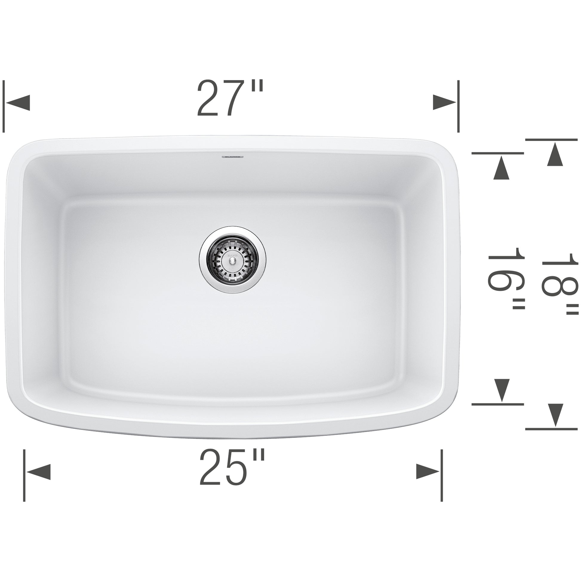 White single bowl undermount sink with rounded corners and chrome drain strainer, 27" width x 19" depth x 18" length.