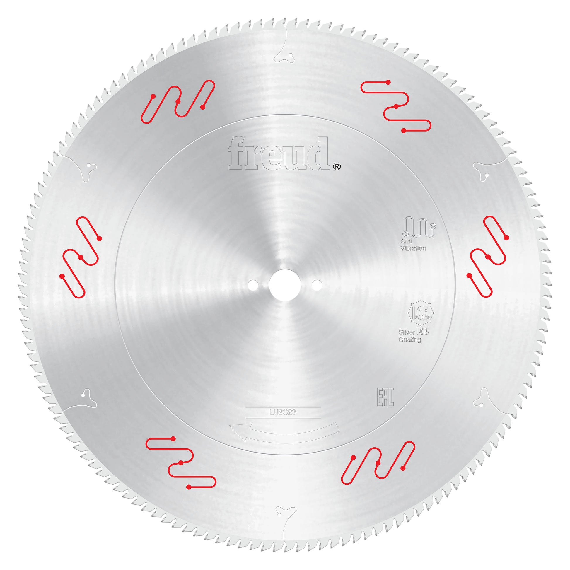 Freud circular saw blade with carbide-tipped teeth, silver coating, and red markings around the perimeter.
