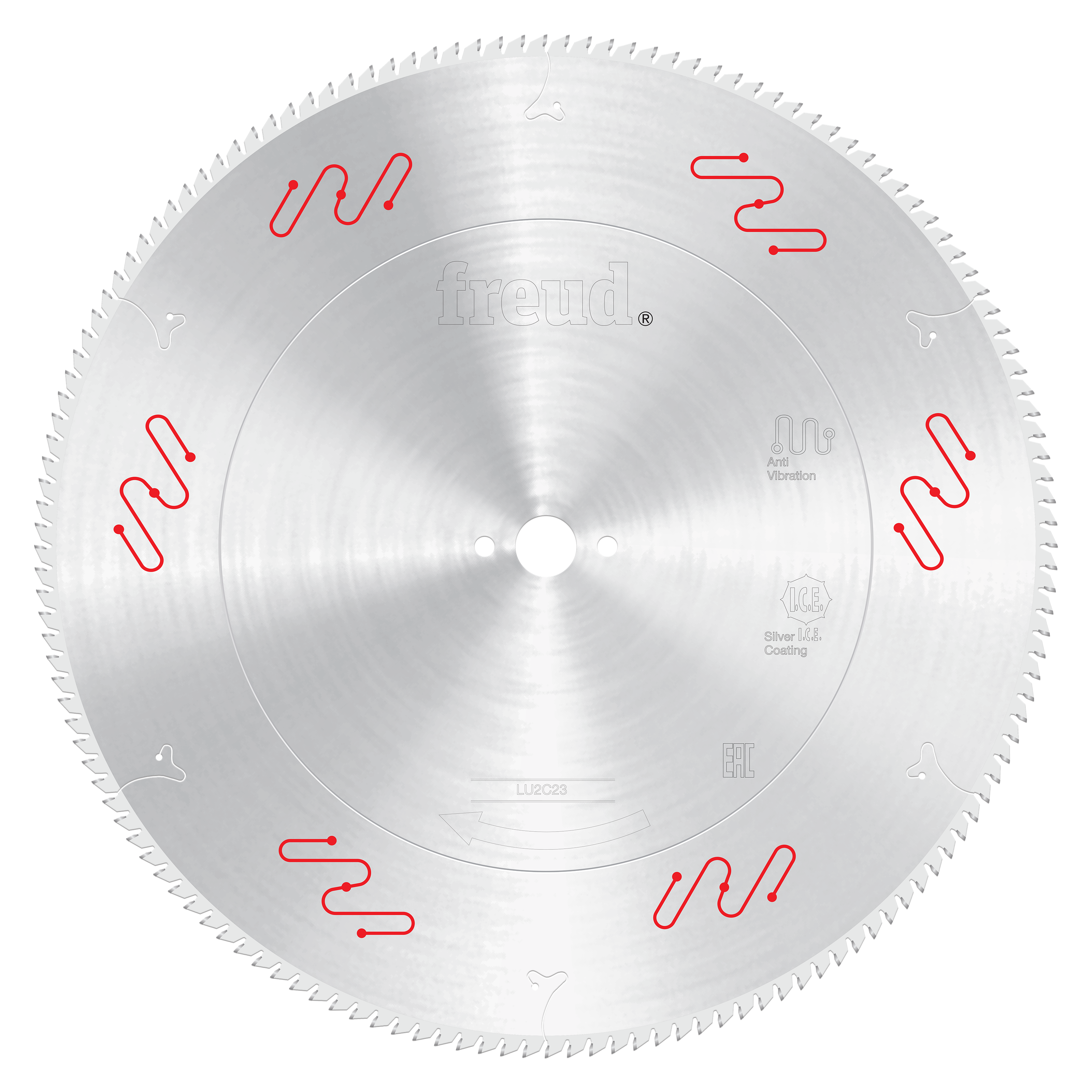 Freud circular saw blade with carbide-tipped teeth, silver coating, and red markings around the perimeter.