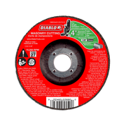 Diablo 4-inch masonry cut off disc with red label, gray center hub, and abrasive cutting edge for angle grinders.