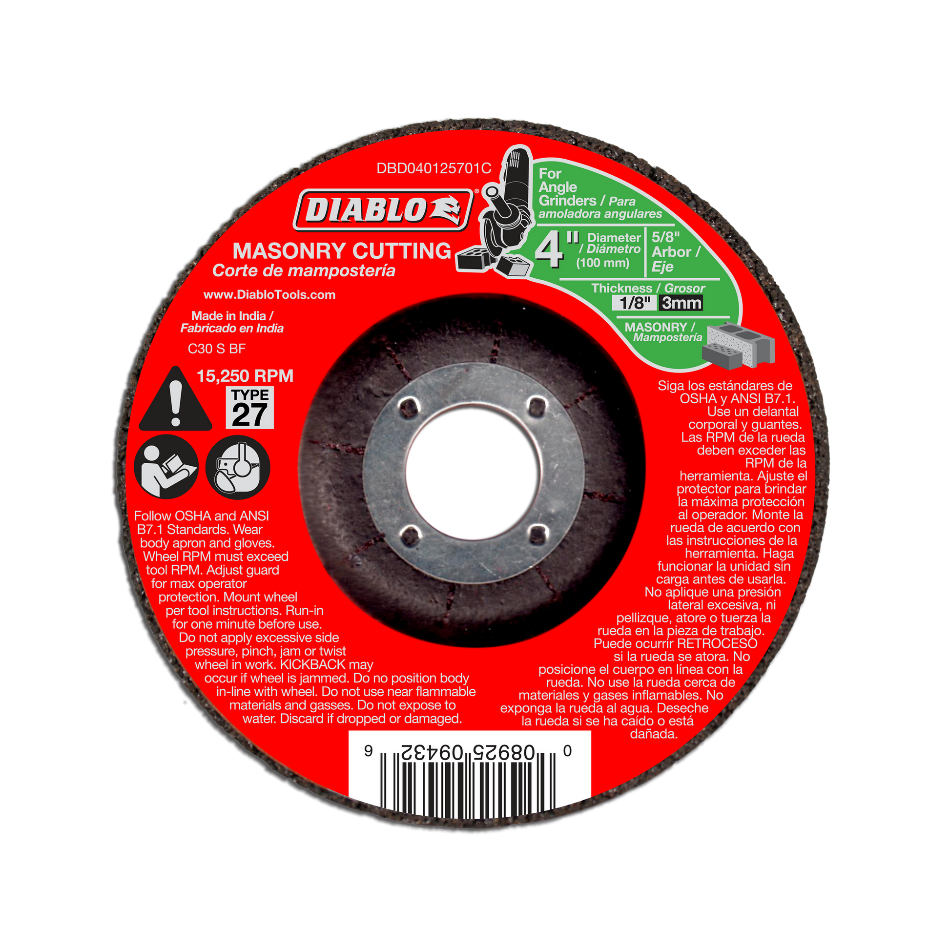 Diablo 4-inch masonry cut off disc with red label, gray center hub, and abrasive cutting edge for angle grinders.