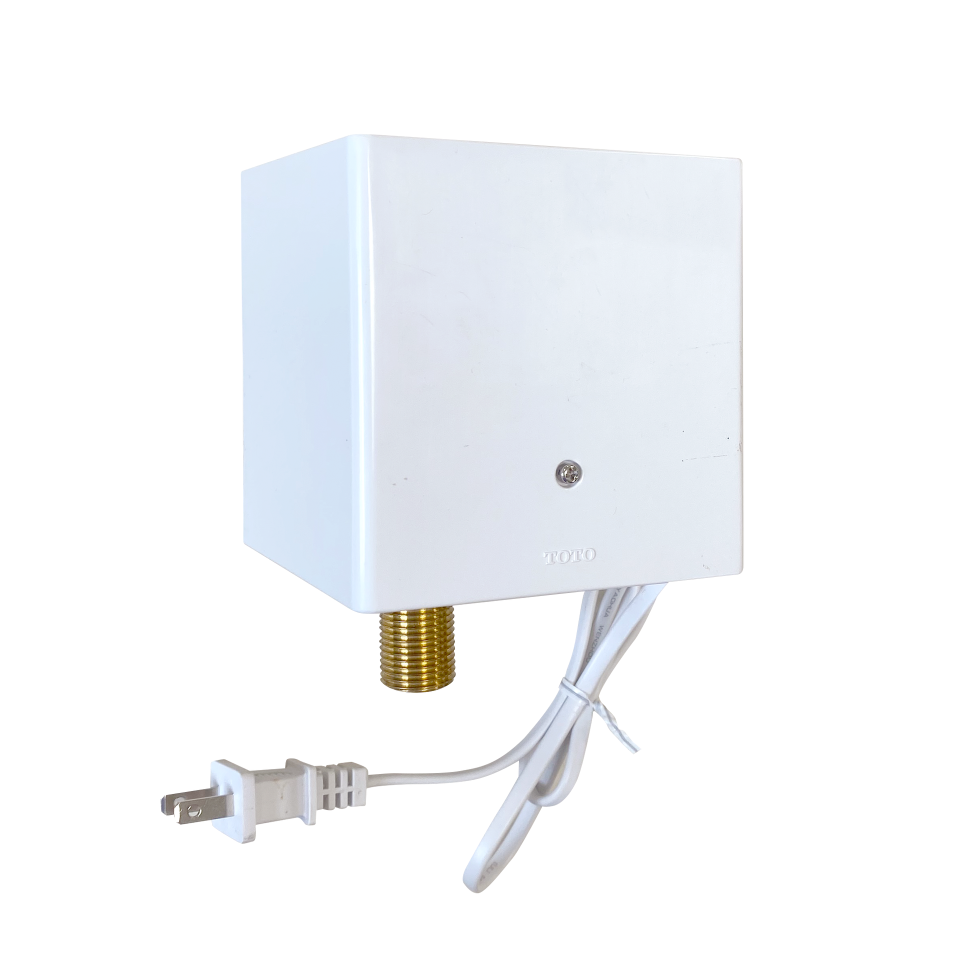 White square Toto water supply controller valve with brass threaded connection and attached power cord.