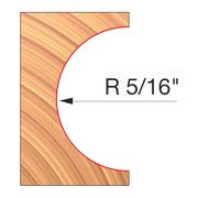Wood block with convex curved cutting profile marked R 5/16" shown in red outline.