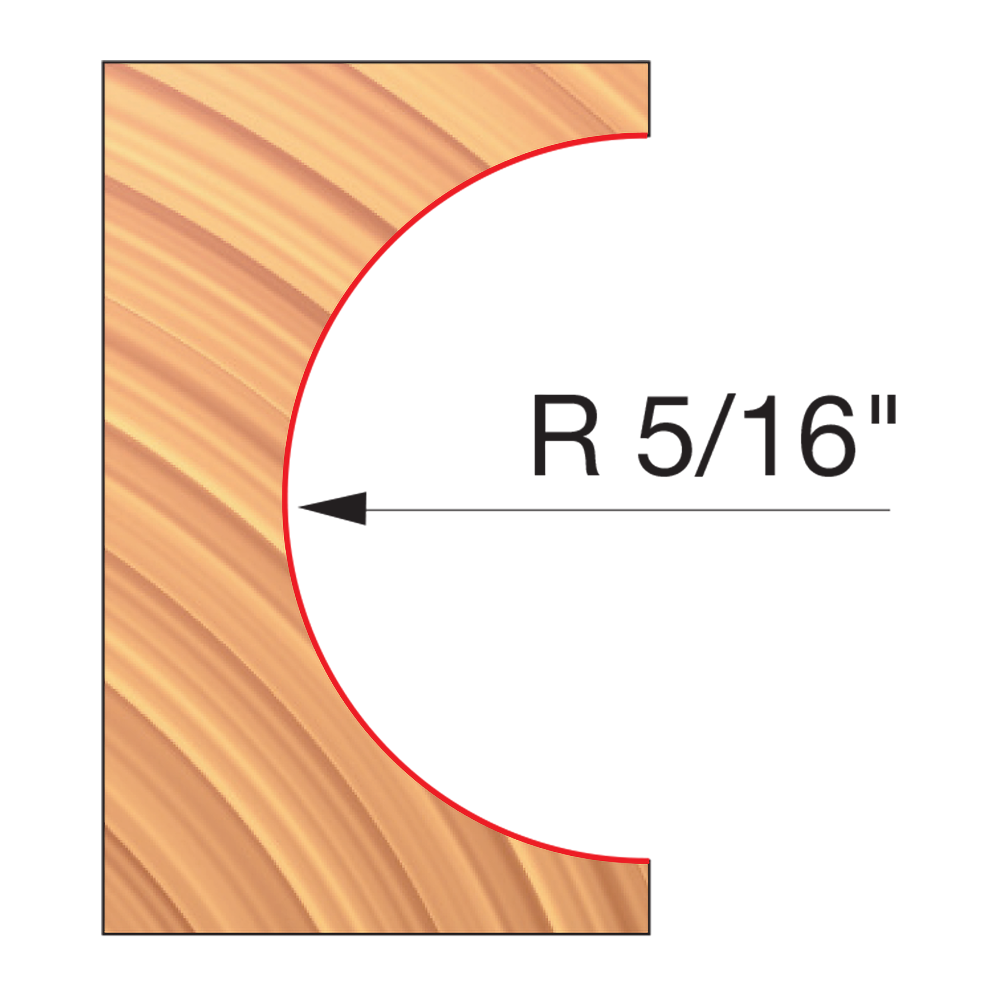 Wood block with convex curved cutting profile marked R 5/16" shown in red outline.
