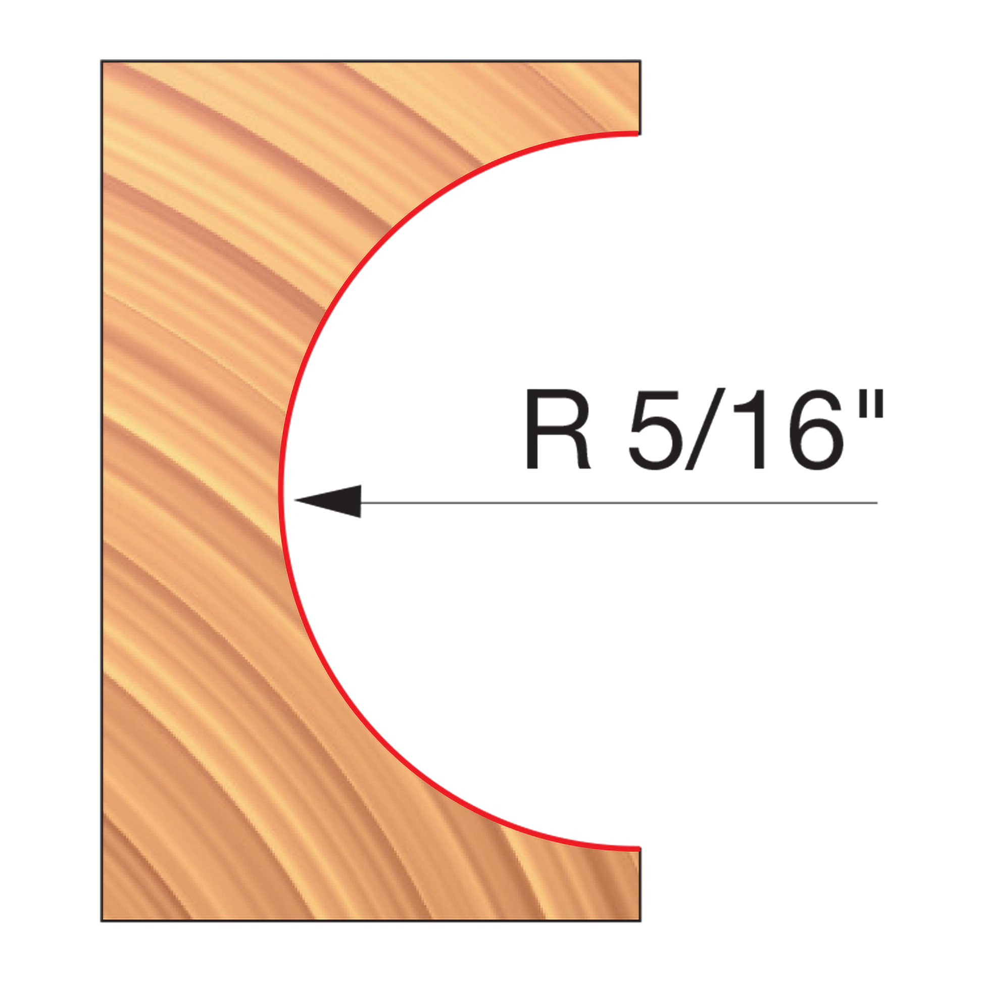 Wood router bit with convex radius cutting edge labeled R 5/16", shown in cross-section view.