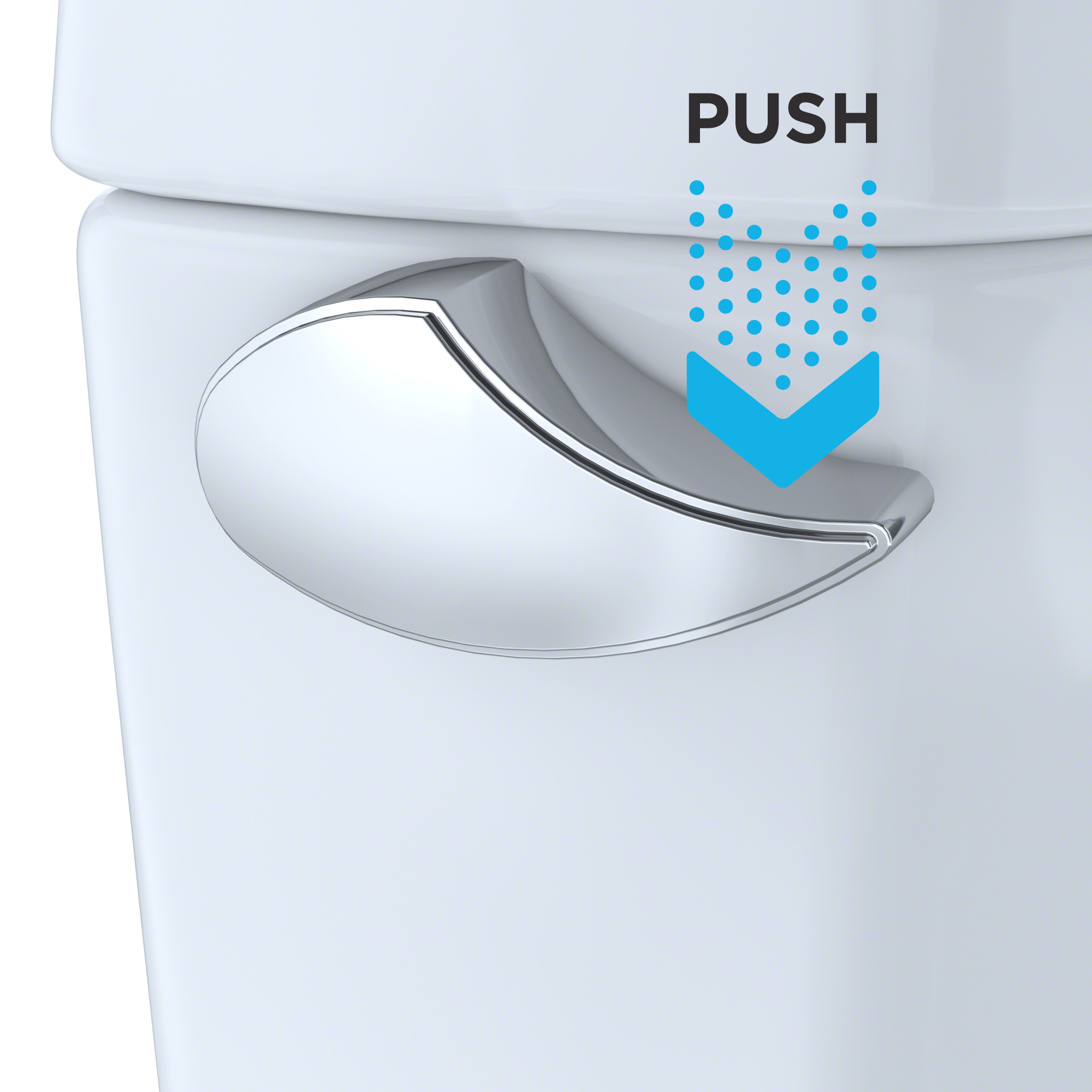 Polished chrome trip lever with curved handle mounted on white toilet tank.