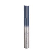 Silver cylindrical router bit with two flutes and straight cutting edges, Freud branding visible on shaft.