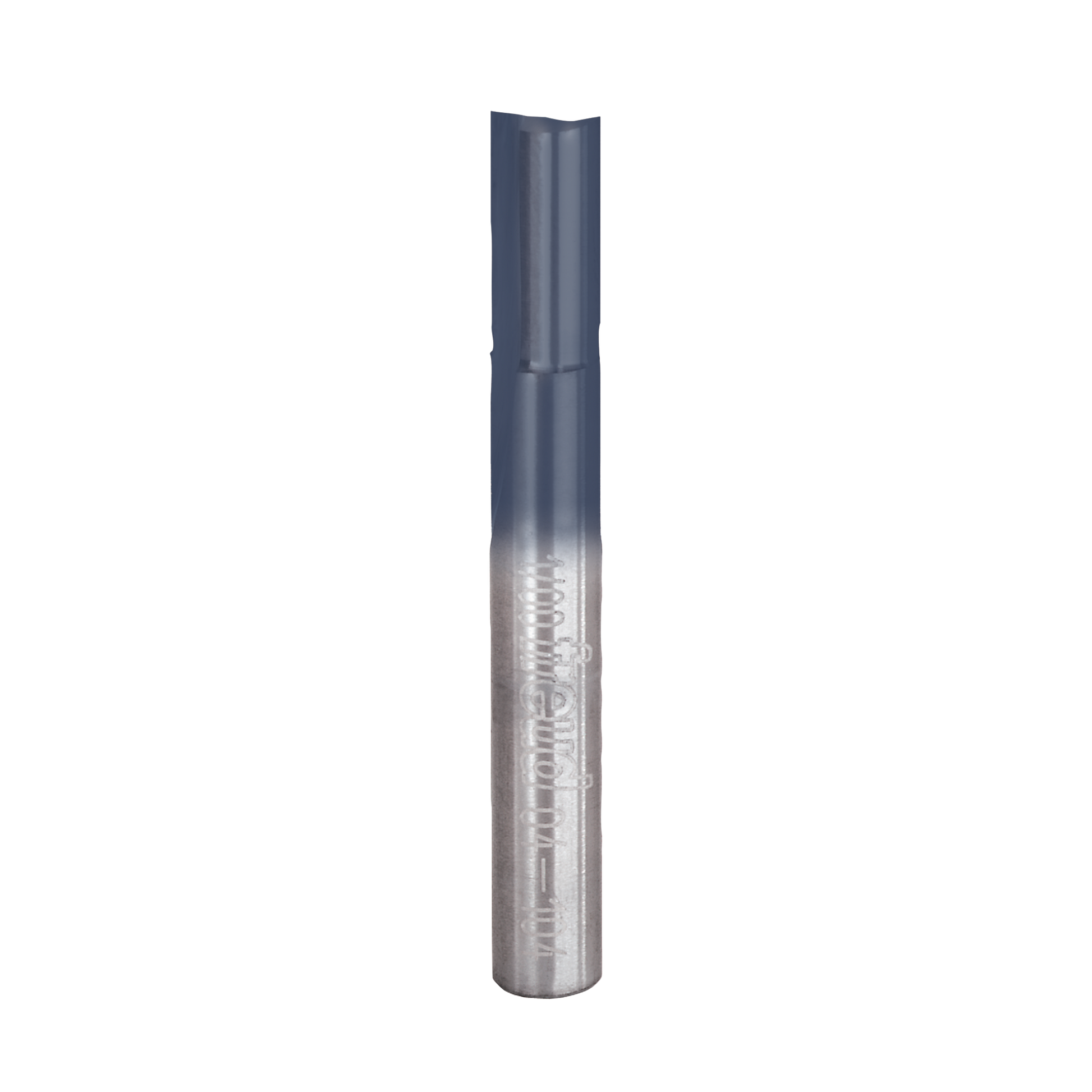 Silver cylindrical router bit with two flutes and straight cutting edges, Freud branding visible on shaft.