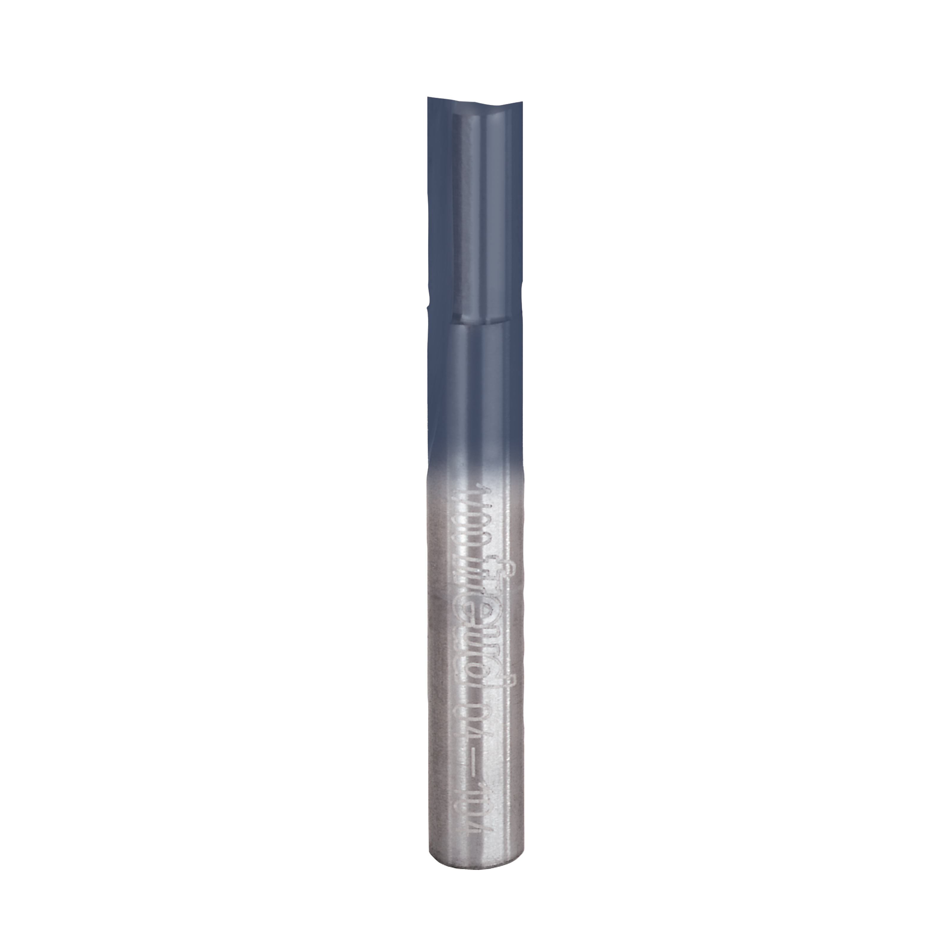 Silver cylindrical router bit with two flutes and straight cutting edges, Freud branding visible on shaft.