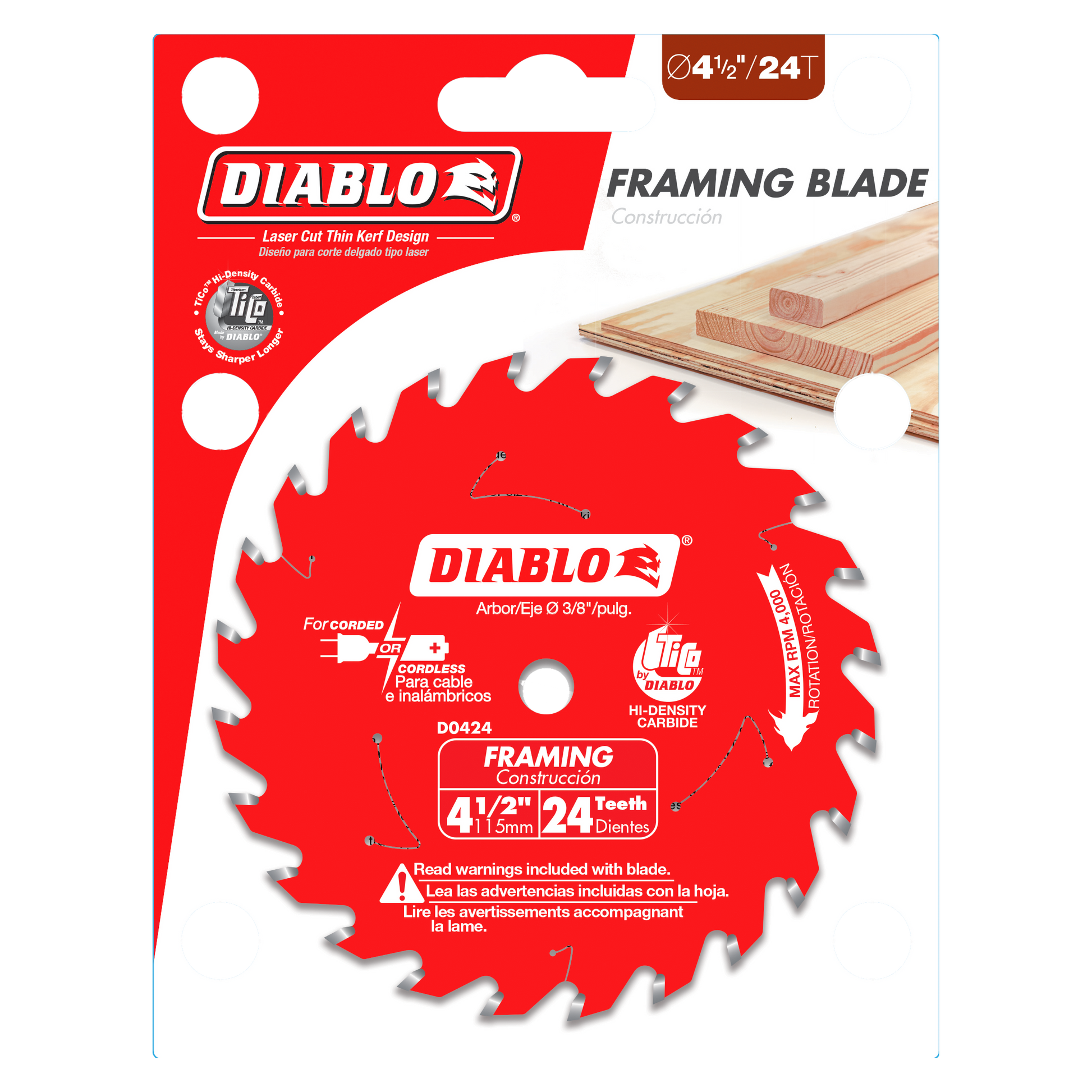 Red circular saw blade with 24 teeth, 4.5-inch diameter, labeled Diablo framing blade on packaging with wood lumber images.