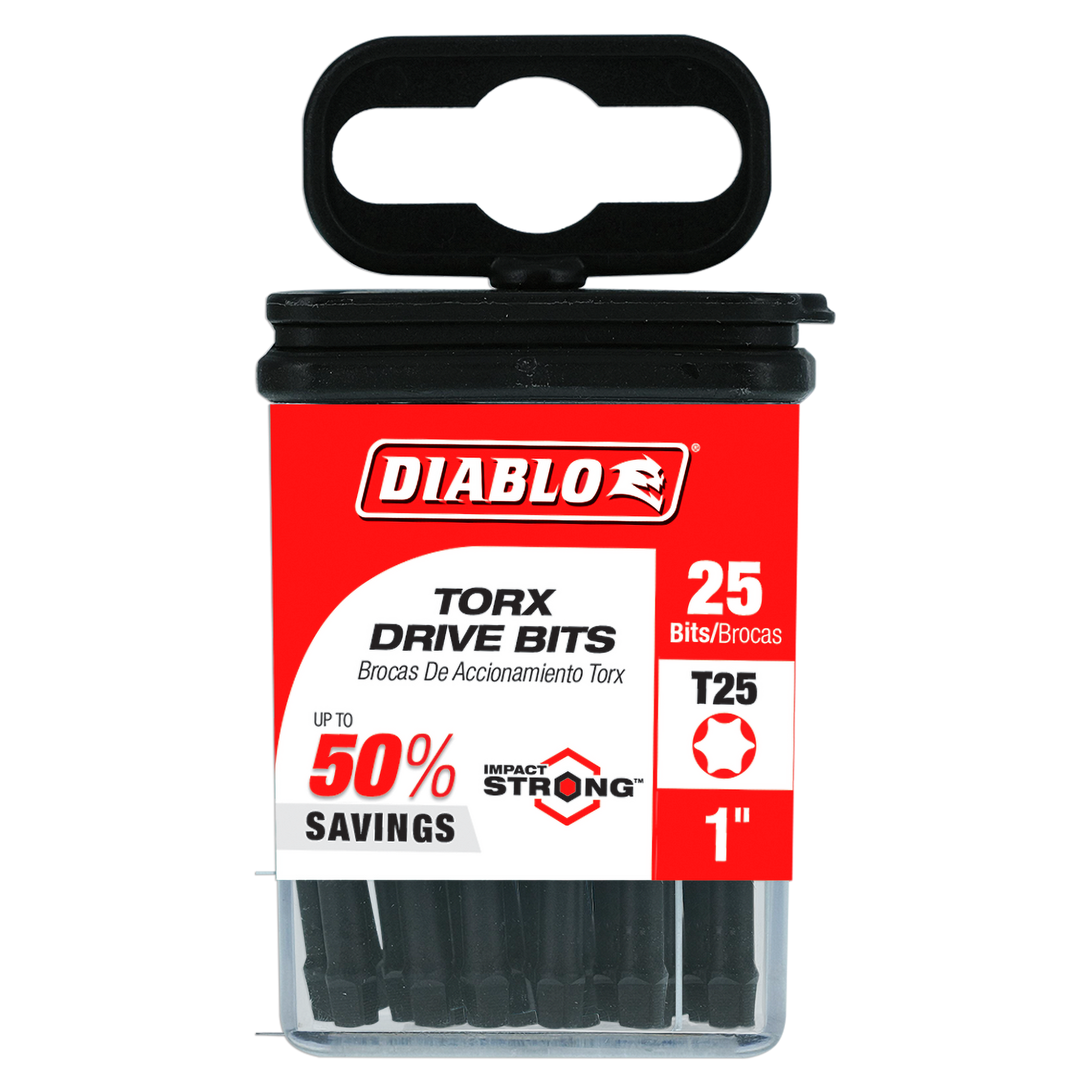Black Diablo T25 Torx drive bits in clear plastic case with red and black packaging label.