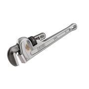 RIDGID 14 inch aluminum pipe wrench with adjustable jaw and knurled grip handle on white background.