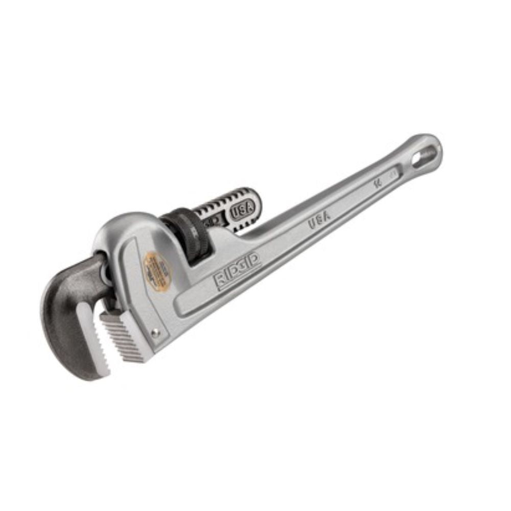 RIDGID 14 inch aluminum pipe wrench with adjustable jaw and knurled grip handle on white background.