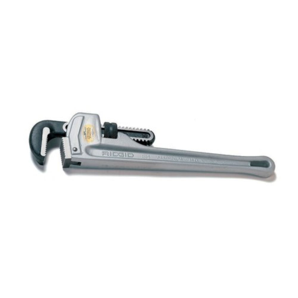 RIDGID aluminum pipe wrench with adjustable jaw and black handle grip against white background.