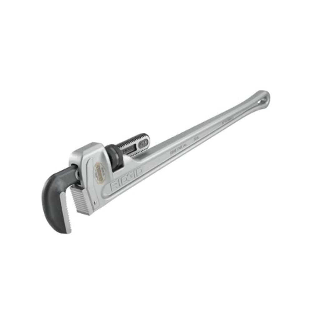 RIDGID 36 inch aluminum straight pipe wrench with adjustable jaw and threaded handle.