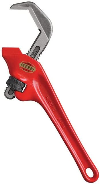 Red pipe wrench with offset gray metal head and black grip band on handle.