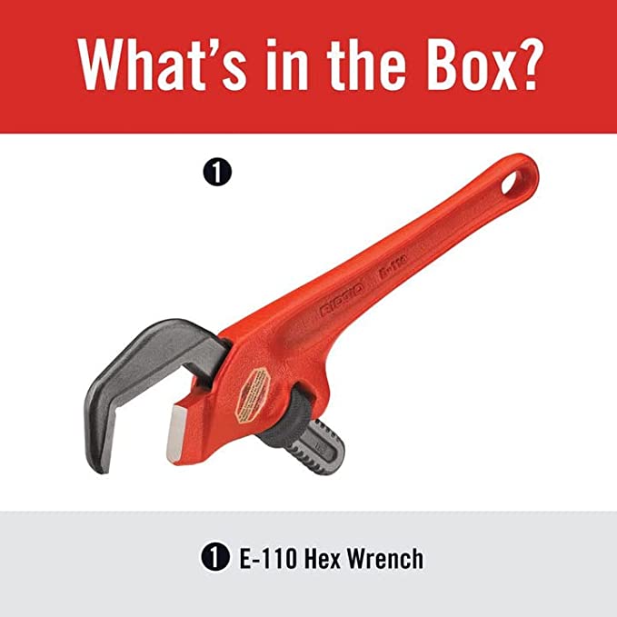 Red Ridgid E-110 offset hex wrench with black grip and circular hanging hole.