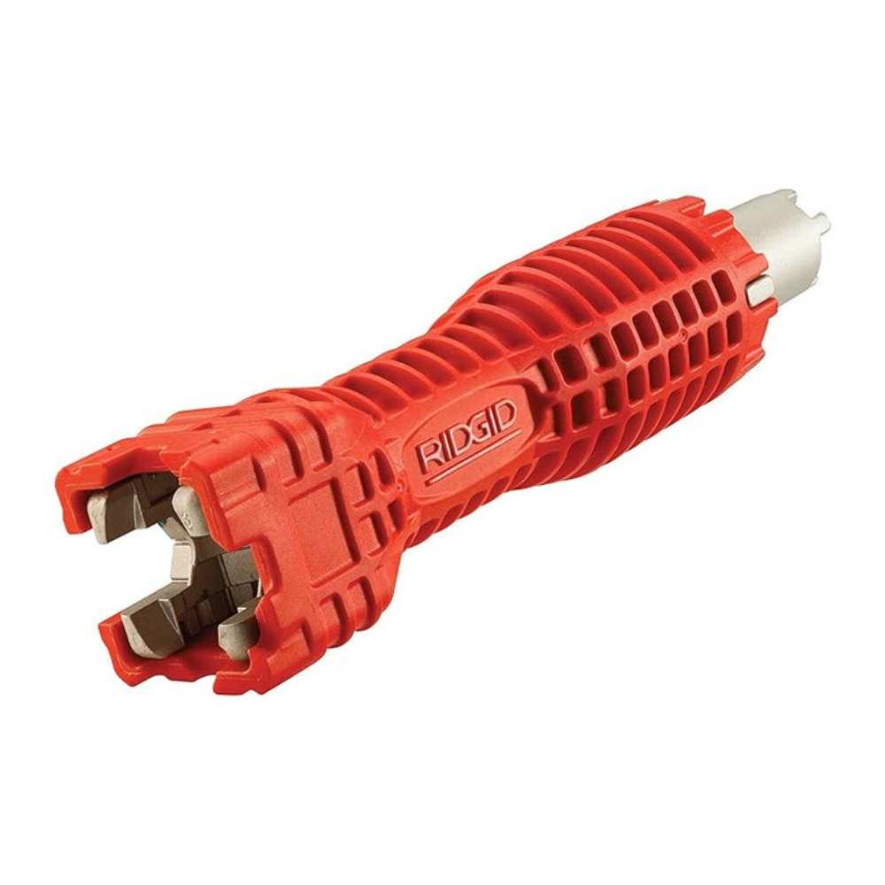 Red RIDGID faucet installation tool with ribbed grip, metal jaws at one end, and white connector port at opposite end.